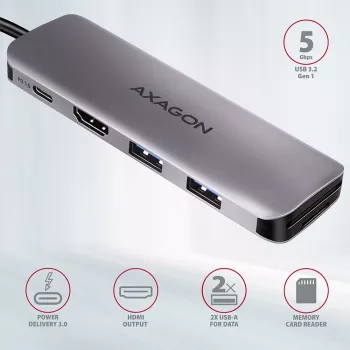 Axagon HMC-5 USB 3.2 Gen 1 hub, 2x USB-A, HDMI, SD/microSD, PD 100W, 20 cm USB-C-kabel