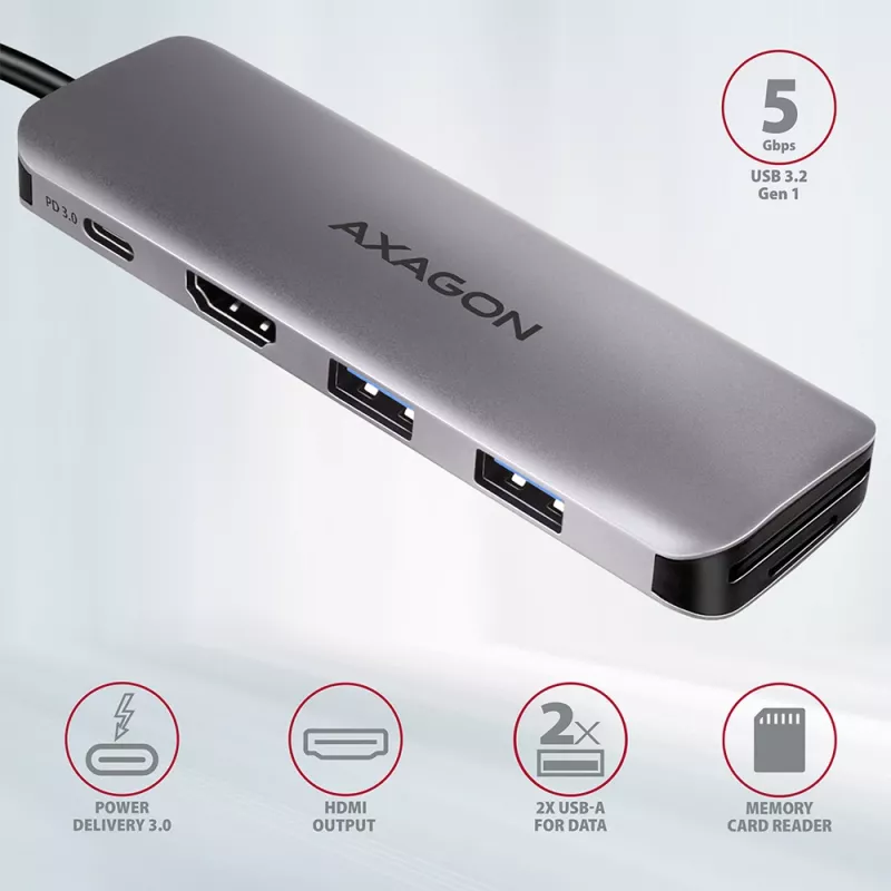 Axagon HMC-5 USB 3.2 Gen 1 hub, 2x USB-A, HDMI, SD/microSD, PD 100W, 20 cm USB-C-kabel