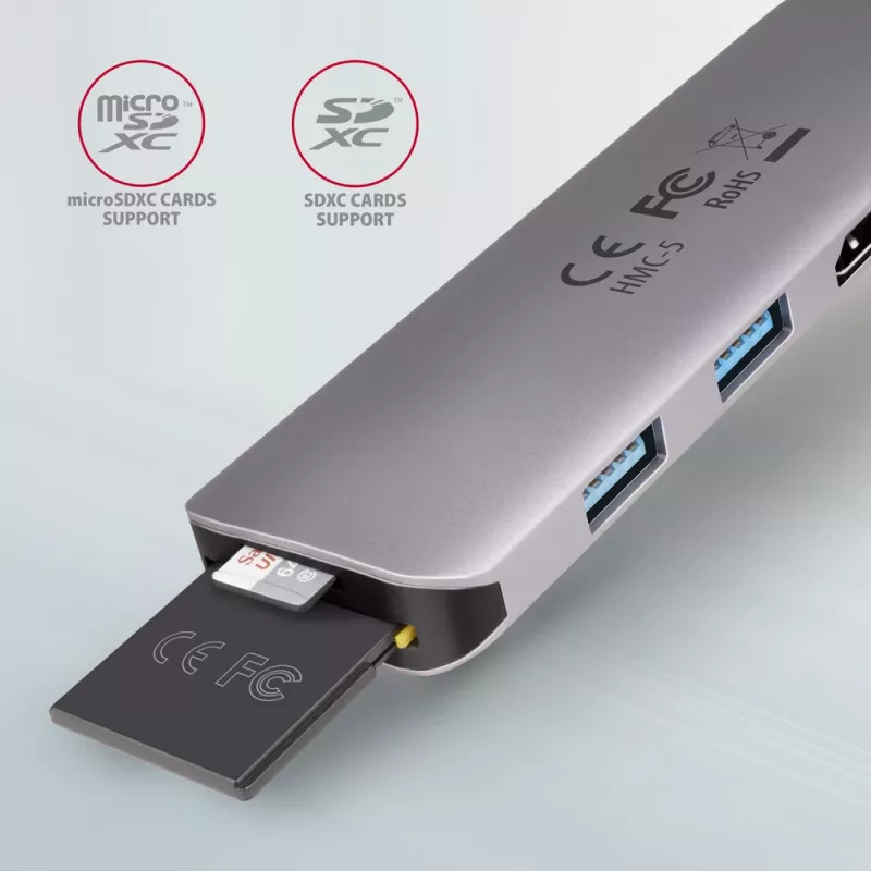 Axagon HMC-5 USB 3.2 Gen 1 hub, 2x USB-A, HDMI, SD/microSD, PD 100W, 20 cm USB-C-kabel