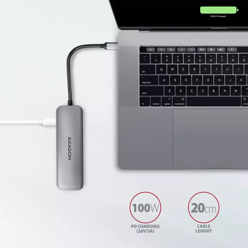 Axagon HMC-5 USB 3.2 Gen 1 hub, 2x USB-A, HDMI, SD/microSD, PD 100W, 20 cm USB-C-kabel