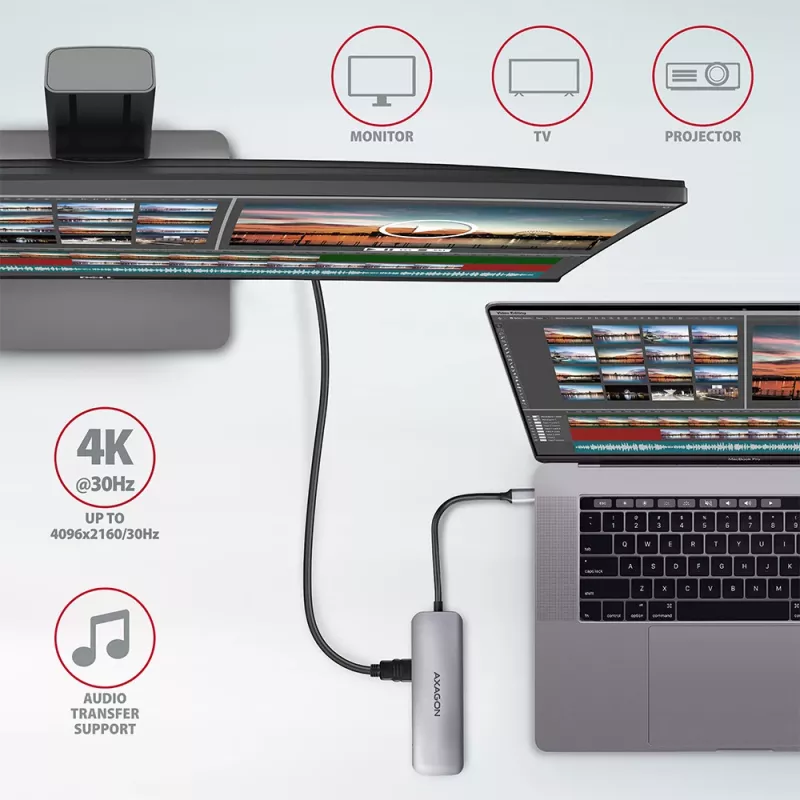Axagon HMC-5 USB 3.2 Gen 1 hub, 2x USB-A, HDMI, SD/microSD, PD 100W, 20 cm USB-C-kabel