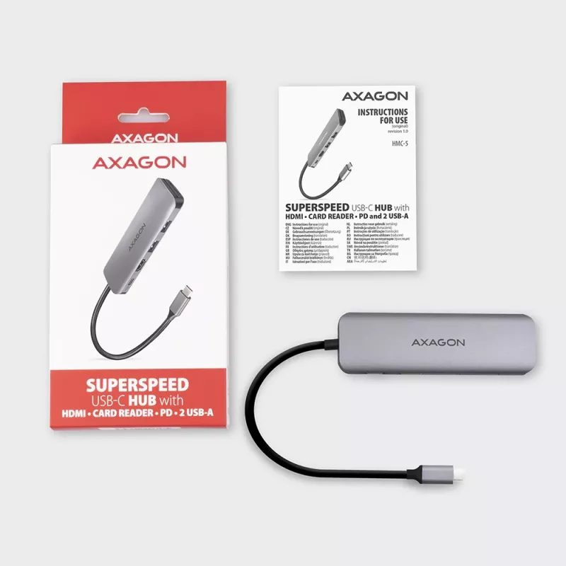 Axagon HMC-5 USB 3.2 Gen 1 hub, 2x USB-A, HDMI, SD/microSD, PD 100W, 20 cm USB-C-kabel