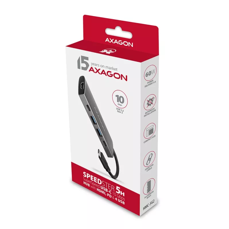 Axagon HMC-5G2 SPEEDSTER 5-in-1 USB-C-hub, 2x USB-A, 2x USB-C, HDMI, PD 60 W