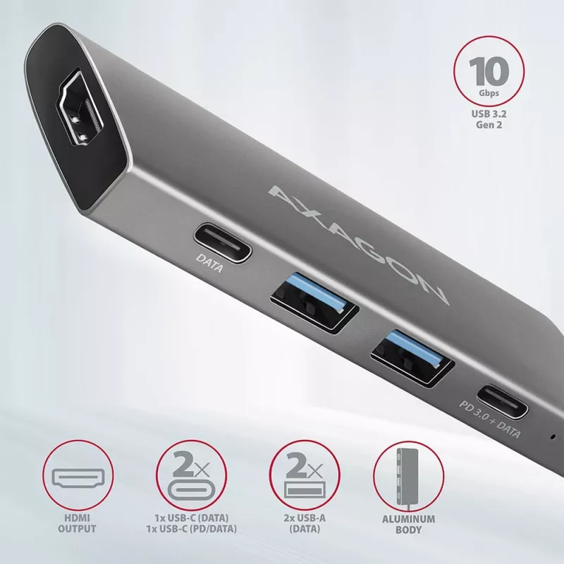 Axagon HMC-5G2 SPEEDSTER 5-in-1 USB-C-hub, 2x USB-A, 2x USB-C, HDMI, PD 60 W