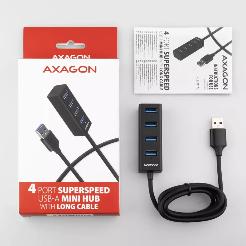 Axagon HUE-M1AL 4x USB 3.2 Gen 1 mini-hub, metaal, 1,2 m USB-A-kabel