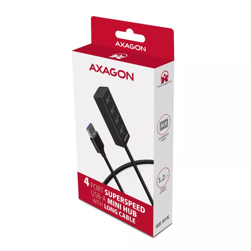 Axagon HUE-M1AL 4x USB 3.2 Gen 1 mini-hub, metaal, 1,2 m USB-A-kabel