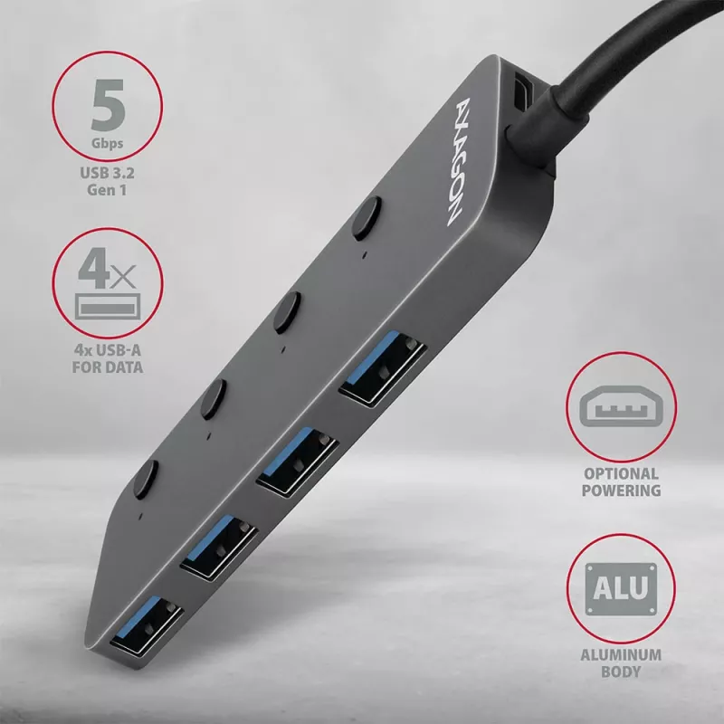 Axagon HUE-MSA Superspeed USB-A switch-hub 4x USB 3.0 actief - 20cm zwart USB 3.2 Gen 1 (3.1 Gen 1) Type-A 5000 Mbit/s grijs
