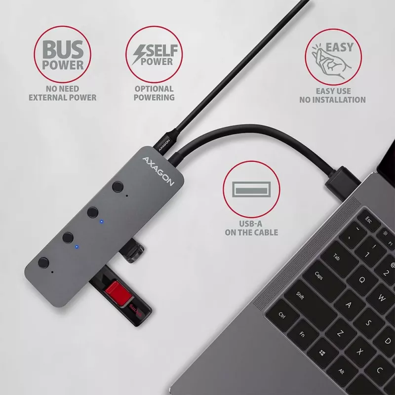 Axagon HUE-MSA Superspeed USB-A switch-hub 4x USB 3.0 actief - 20cm zwart USB 3.2 Gen 1 (3.1 Gen 1) Type-A 5000 Mbit/s grijs