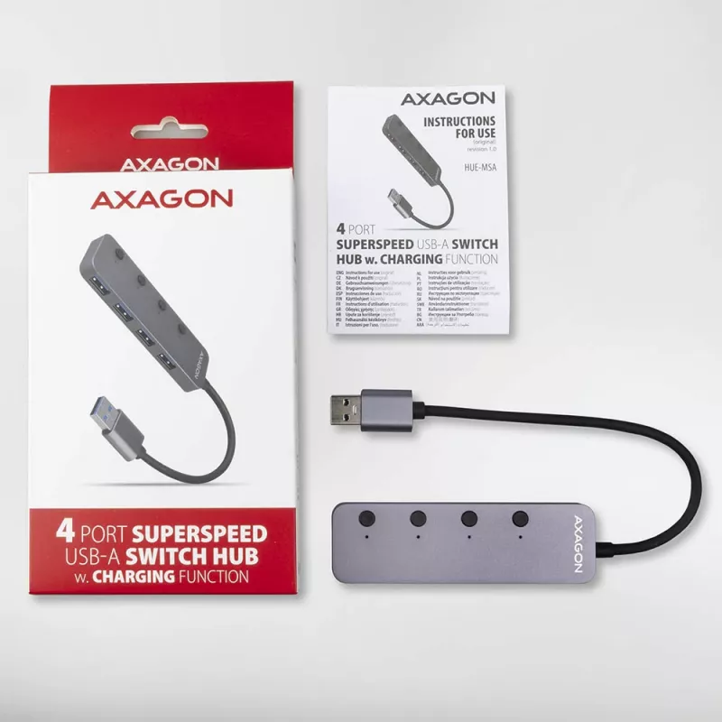 Axagon HUE-MSA Superspeed USB-A switch-hub 4x USB 3.0 actief - 20cm zwart USB 3.2 Gen 1 (3.1 Gen 1) Type-A 5000 Mbit/s grijs