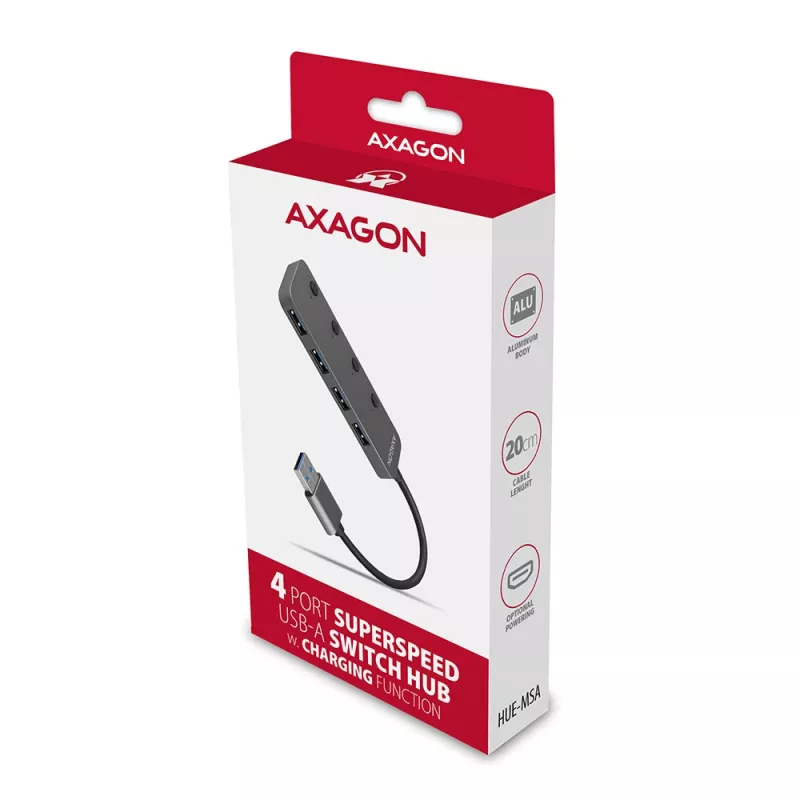 Axagon HUE-MSA Superspeed USB-A switch-hub 4x USB 3.0 actief - 20cm zwart USB 3.2 Gen 1 (3.1 Gen 1) Type-A 5000 Mbit/s grijs