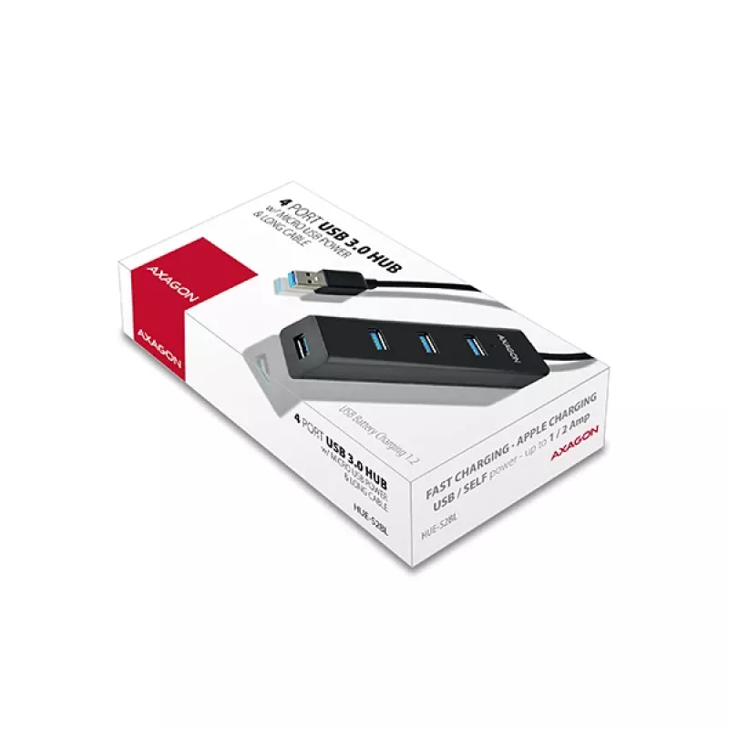 Axagon HUE-S2BL 4x USB 3.0 CHARGING-hub met 1,2 m kabel, stroomvoorziening via micro-USB