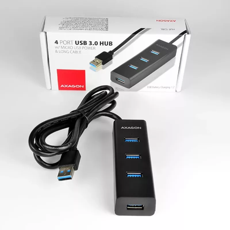 Axagon HUE-S2BL 4x USB 3.0 CHARGING-hub met 1,2 m kabel, stroomvoorziening via micro-USB