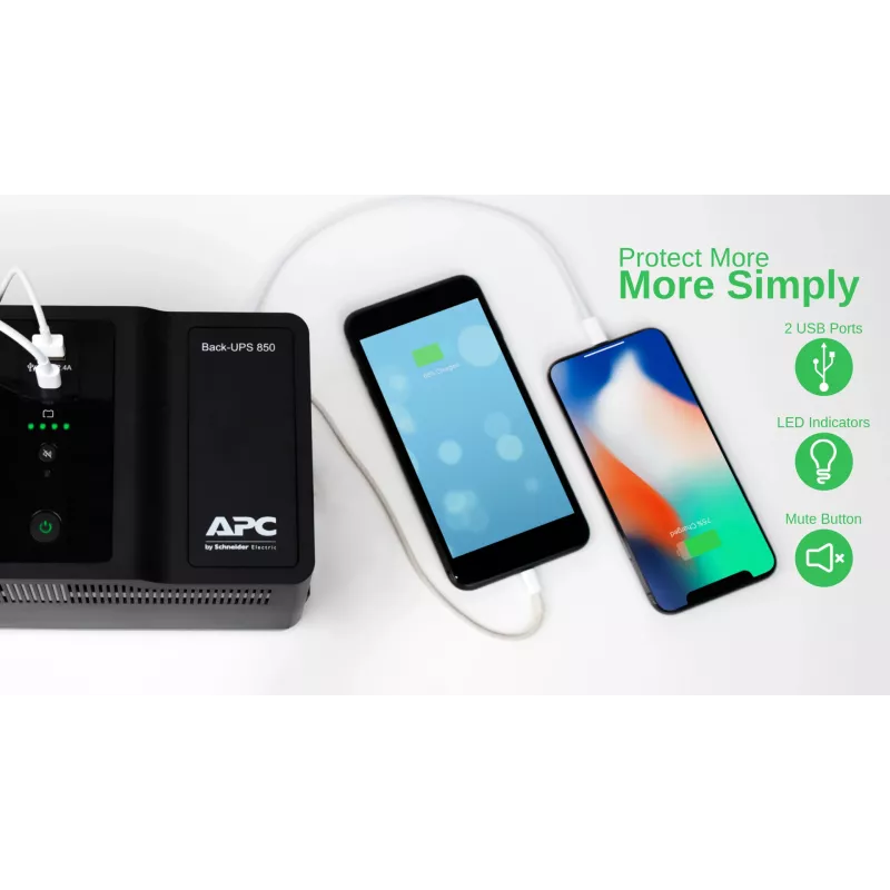 APC Back-UPS BE850G2-GR - noodstroomvoorziening 8 stopcontacten, 850VA, 2 USB-opladers, 1 USB-data-aansluiting