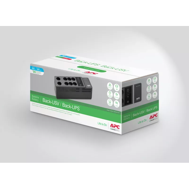 APC Back-UPS BE850G2-GR - noodstroomvoorziening 8 stopcontacten, 850VA, 2 USB-opladers, 1 USB-data-aansluiting