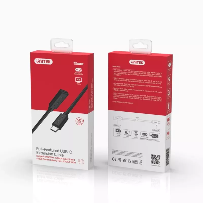 Unitek C14086BK-1M USB-C-verlengkabel (M/V), 10 Gbps, 4K, PD 100 W, 1 m, zwart