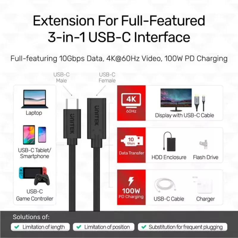 Unitek C14086BK-1.5M USB-C-verlengkabel (M/V), 10 Gbps, 4K, PD 100 W, 1,5 m, zwart