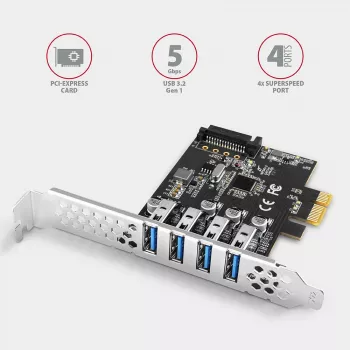 Axagon PCEU-43RS PCIe-kaart - 4x USB 5 Gbps poort, dubbele stroomvoorziening, Renesas PD720201, SP & LP