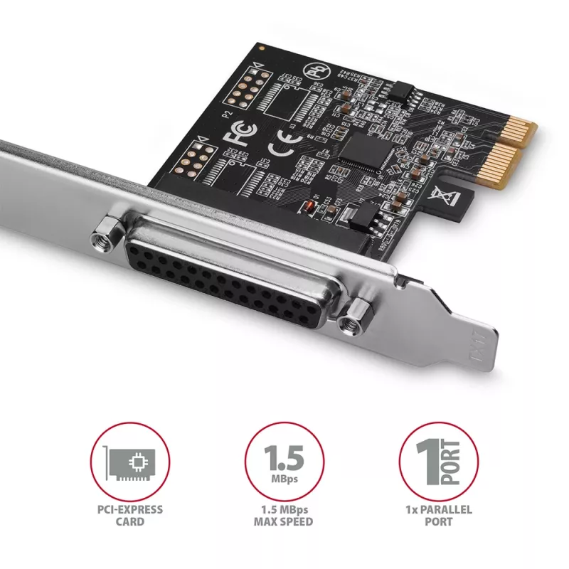 Axagon PCEA-P1N PCIe - 1x parallelle poort adapter met SP & LP, PCIe, parallel, female, full-height / low-profile, PCIe 2.0, China