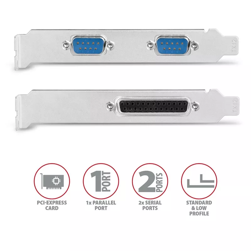 Axagon PCEA-PSN PCIe - 1x parallelle & 2x seriële poort 250 kbps adapter met SP & LP
