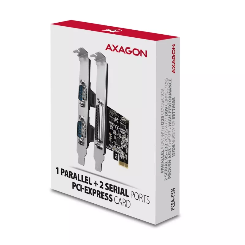 Axagon PCEA-PSN PCIe - 1x parallelle & 2x seriële poort 250 kbps adapter met SP & LP