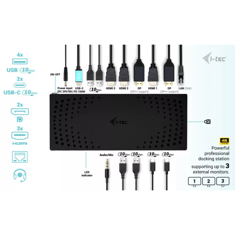 i-tec USB 3.0 / USB-C / Thunderbolt, 3x 4K dockingstation Gen 2 + Power Delivery 100W