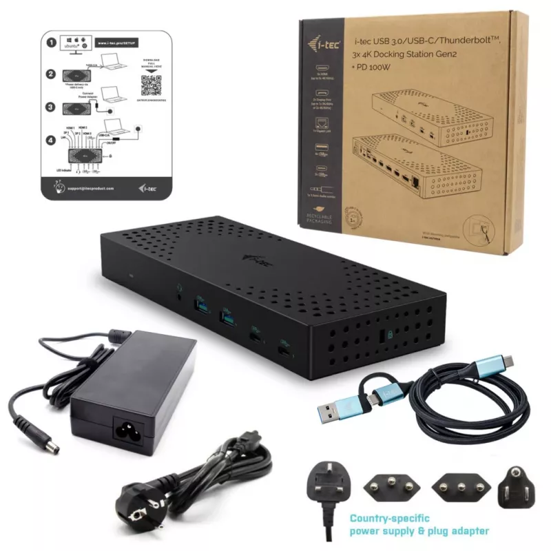 i-tec USB 3.0 / USB-C / Thunderbolt, 3x 4K dockingstation Gen 2 + Power Delivery 100W
