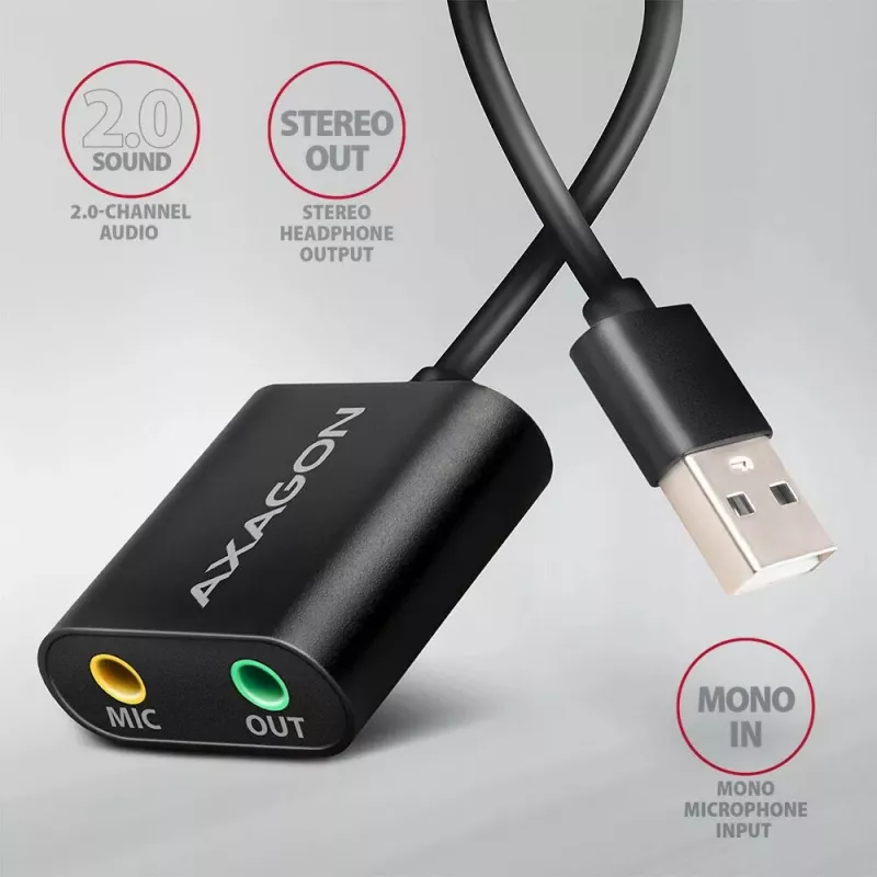 Externe USB-audioadapter AXAGON ADA-12 met 1x 3,5-mm-jack voor hoofdtelefoon en microfoon