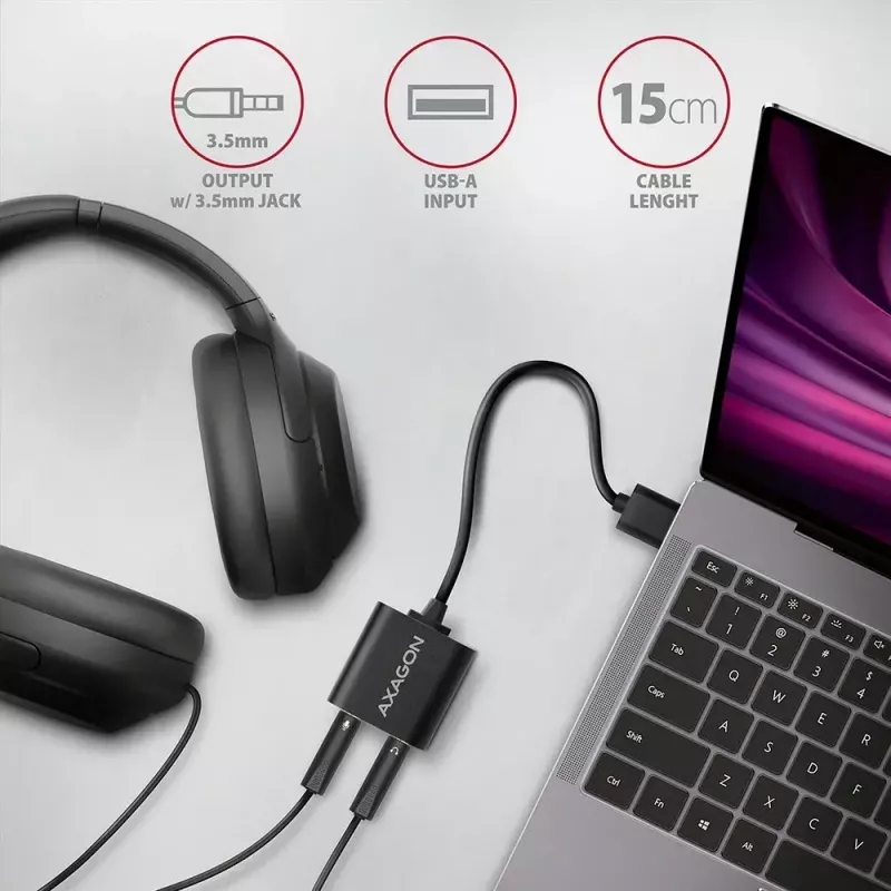 Externe USB-audioadapter AXAGON ADA-12 met 1x 3,5-mm-jack voor hoofdtelefoon en microfoon