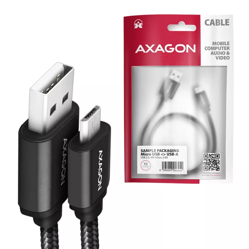 Axagon BUMM-AM10AB HQ kabel Micro USB <-> USB-A, 1m, USB 2.0, 2,4A, ALU, gevlochten, zwart