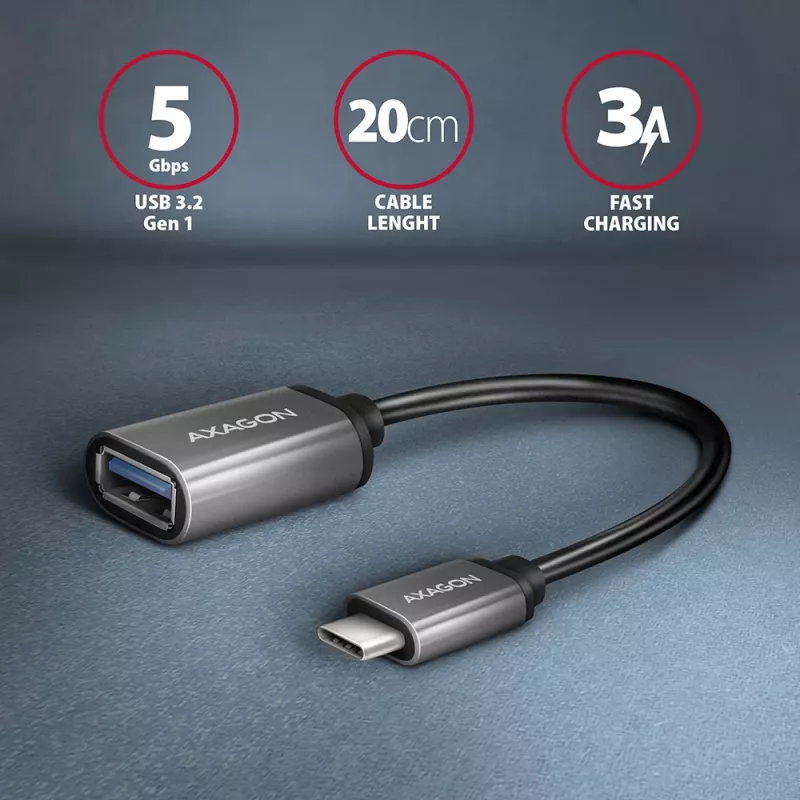 Axagon RUCM-AFAC Kabeladapter USB-C (M) -> USB-A (V), 20cm, USB 3.2 Gen 1, 3A, ALU