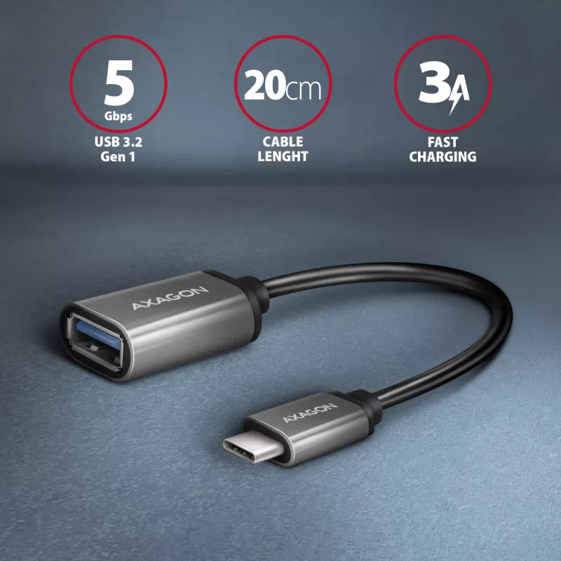 Axagon RUCM-AFAC Kabeladapter USB-C (M) -> USB-A (V), 20cm, USB 3.2 Gen 1, 3A, ALU