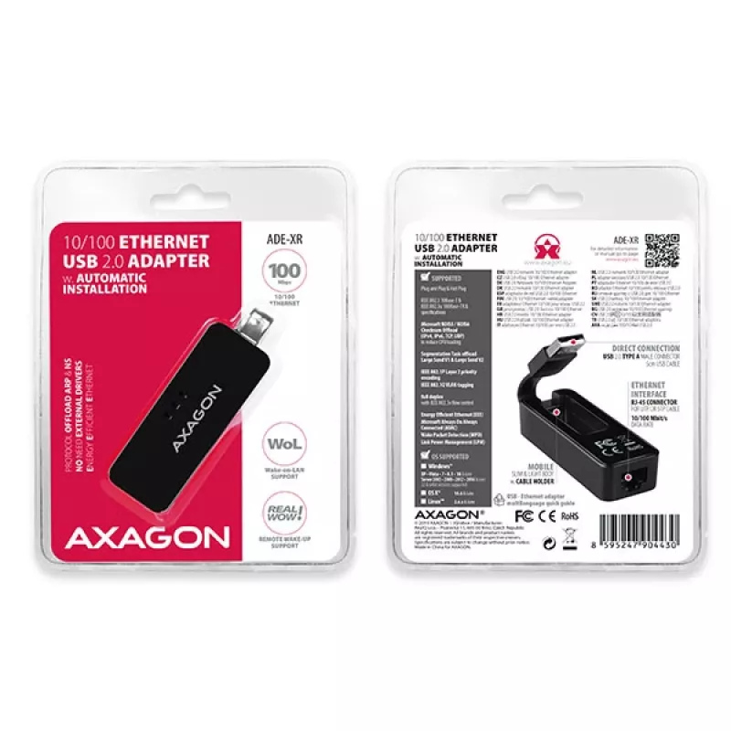 AXAGON ADE-XR USB 2.0 Type-A naar Fast Ethernet 10/100-adapter, RJ-45, Realtek RTL8152, zwart, 23 g
