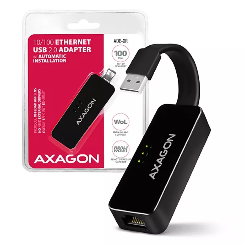 AXAGON ADE-XR USB 2.0 Type-A naar Fast Ethernet 10/100-adapter, RJ-45, Realtek RTL8152, zwart, 23 g
