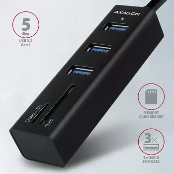 Axagon HMA-CR3A Metalen USB 3.2 Gen 1 multi-poort hub met drie USB-aansluitingen en kaartlezer
