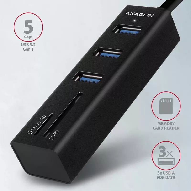 Axagon HMA-CR3A Metalen USB 3.2 Gen 1 multi-poort hub met drie USB-aansluitingen en kaartlezer