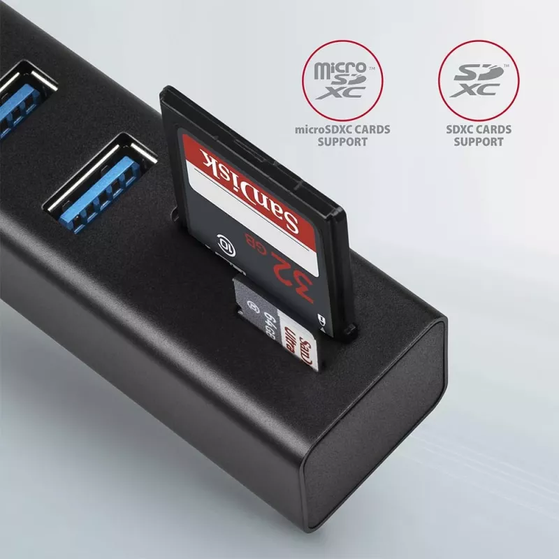 Axagon HMA-CR3A Metalen USB 3.2 Gen 1 multi-poort hub met drie USB-aansluitingen en kaartlezer
