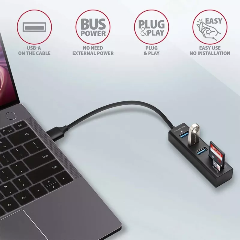 Axagon HMA-CR3A Metalen USB 3.2 Gen 1 multi-poort hub met drie USB-aansluitingen en kaartlezer