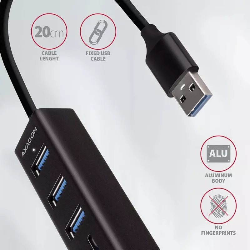 Axagon HMA-CR3A Metalen USB 3.2 Gen 1 multi-poort hub met drie USB-aansluitingen en kaartlezer