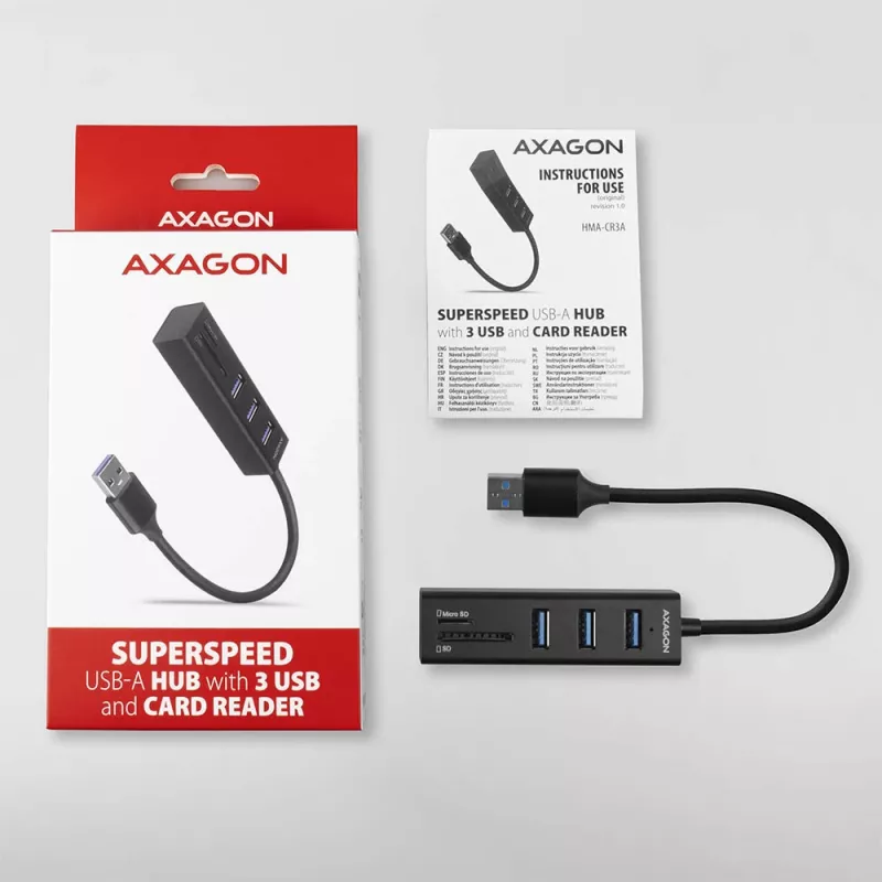 Axagon HMA-CR3A Metalen USB 3.2 Gen 1 multi-poort hub met drie USB-aansluitingen en kaartlezer