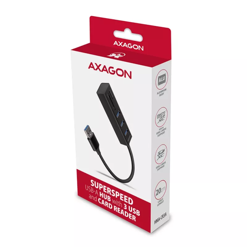 Axagon HMA-CR3A Metalen USB 3.2 Gen 1 multi-poort hub met drie USB-aansluitingen en kaartlezer