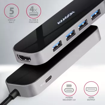 Axagon HMC-6H4A USB 3.2 Gen 1 hub, 4x USB-A, HDMI 4K/30Hz, PD 100W, 20 cm USB-C-kabel
