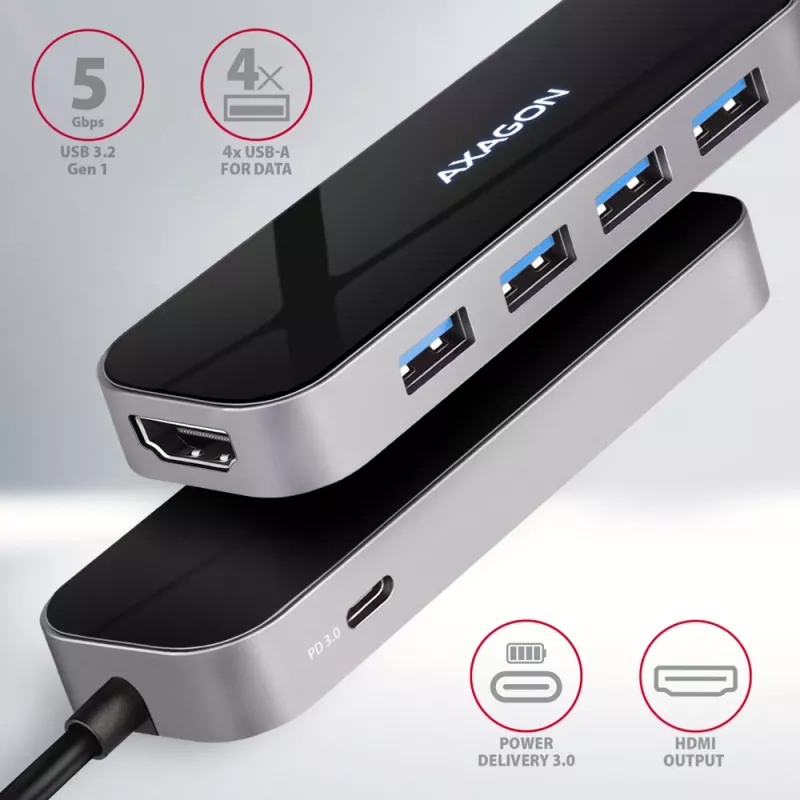 Axagon HMC-6H4A USB 3.2 Gen 1 hub, 4x USB-A, HDMI 4K/30Hz, PD 100W, 20 cm USB-C-kabel