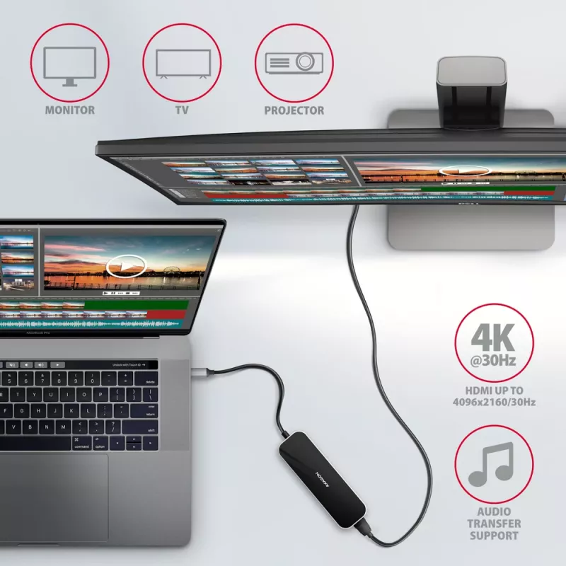 Axagon HMC-6H4A USB 3.2 Gen 1 hub, 4x USB-A, HDMI 4K/30Hz, PD 100W, 20 cm USB-C-kabel