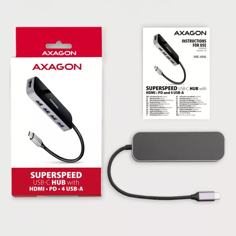 Axagon HMC-6H4A USB 3.2 Gen 1 hub, 4x USB-A, HDMI 4K/30Hz, PD 100W, 20 cm USB-C-kabel