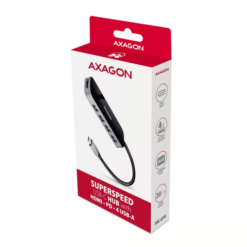 Axagon HMC-6H4A USB 3.2 Gen 1 hub, 4x USB-A, HDMI 4K/30Hz, PD 100W, 20 cm USB-C-kabel