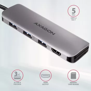 Axagon HMC-HCR3A 3x USB-A+ HDMI+ SD/microSD USB-C 3.2 Gen 1 hub 20cm bekabelde USB 3.2 Gen 1 (3.1 Gen 1) Type-C grijs