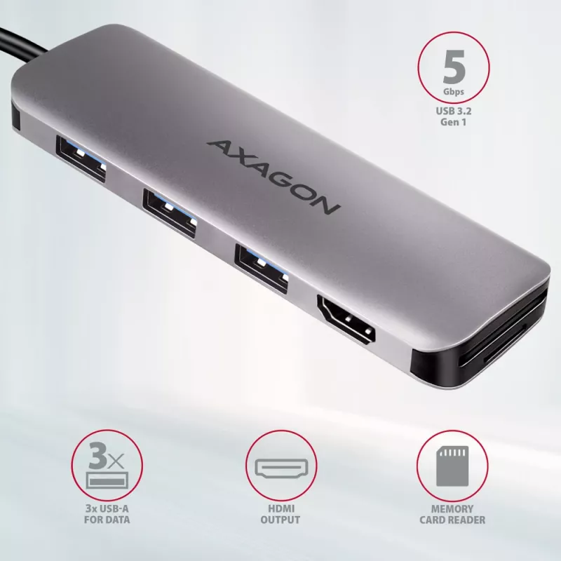 Axagon HMC-HCR3A 3x USB-A+ HDMI+ SD/microSD USB-C 3.2 Gen 1 hub 20cm bekabelde USB 3.2 Gen 1 (3.1 Gen 1) Type-C grijs