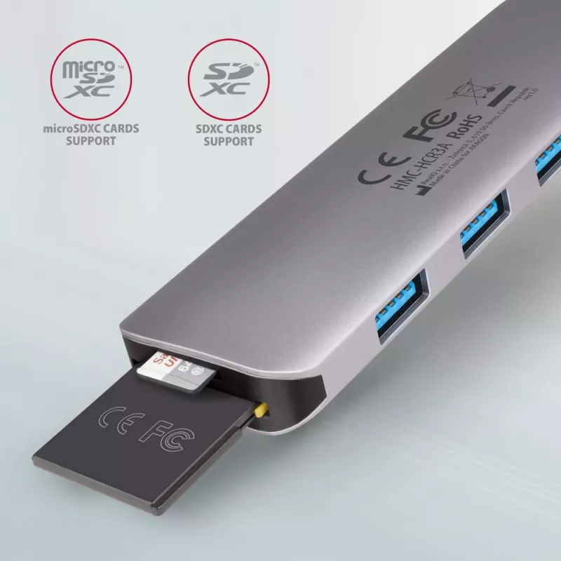 Axagon HMC-HCR3A 3x USB-A+ HDMI+ SD/microSD USB-C 3.2 Gen 1 hub 20cm bekabelde USB 3.2 Gen 1 (3.1 Gen 1) Type-C grijs