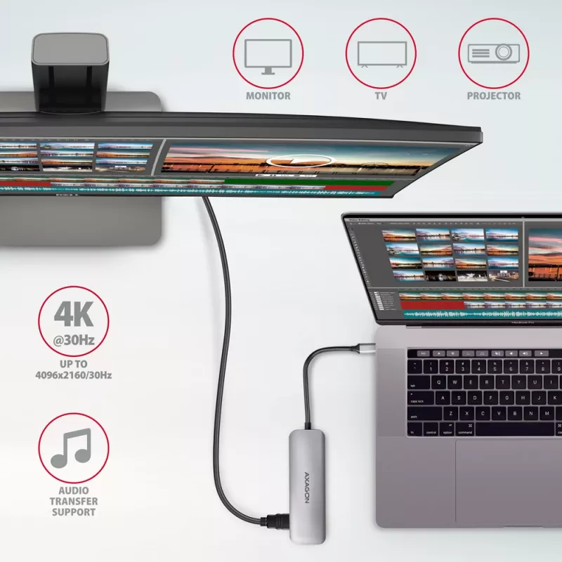 Axagon HMC-HCR3A 3x USB-A+ HDMI+ SD/microSD USB-C 3.2 Gen 1 hub 20cm bekabelde USB 3.2 Gen 1 (3.1 Gen 1) Type-C grijs