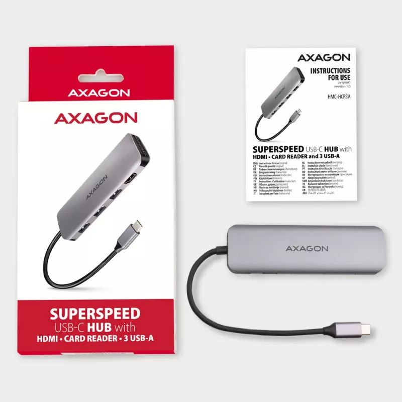 Axagon HMC-HCR3A 3x USB-A+ HDMI+ SD/microSD USB-C 3.2 Gen 1 hub 20cm bekabelde USB 3.2 Gen 1 (3.1 Gen 1) Type-C grijs